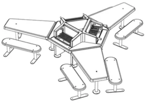 Schéma d’aménagement d’un Extra Grill avec tables et bancs
